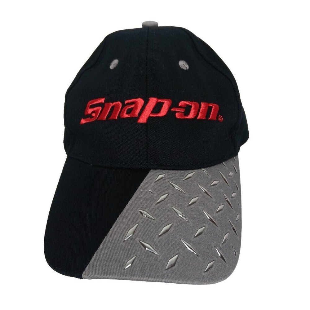 Snap On Tools Cap Black Canvas Red Logo Silver Metallic Strap Back Hat Mechanic